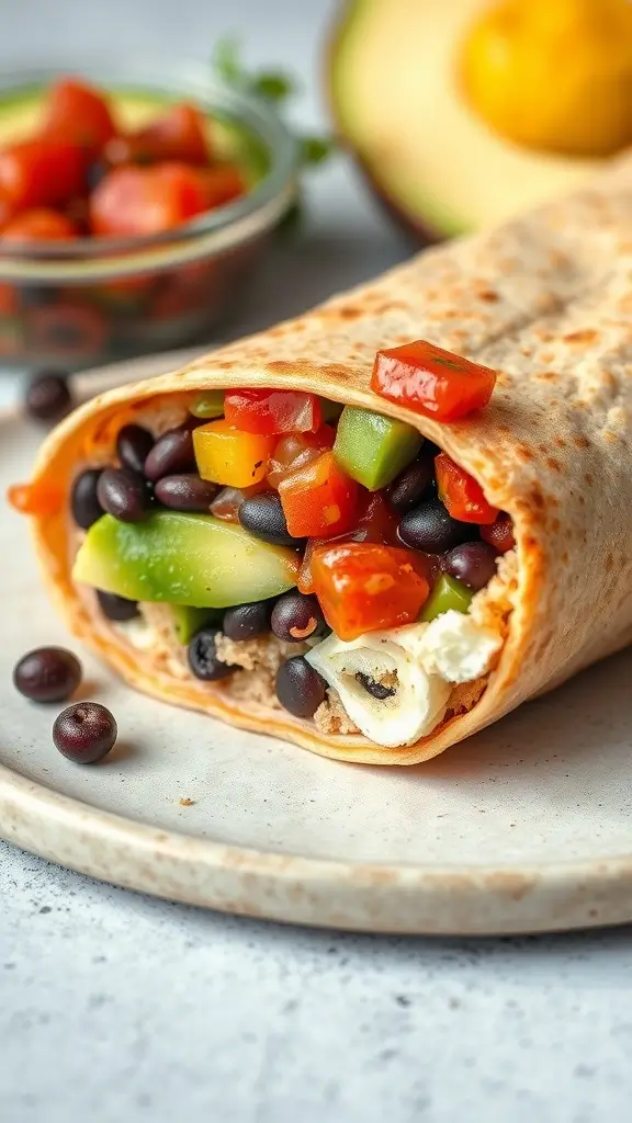 A delicious Vegan Breakfast Burrito filled with black beans, avocado, and colorful vegetables.