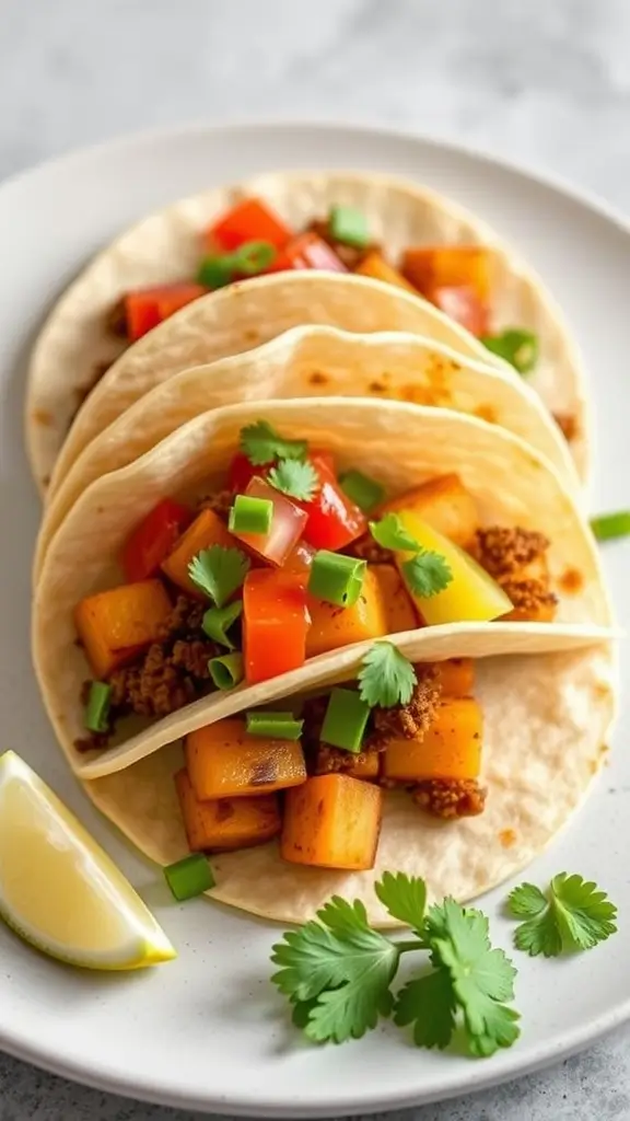 Delicious Vegan Chorizo and Potato Breakfast Tacos on a plate with fresh toppings.