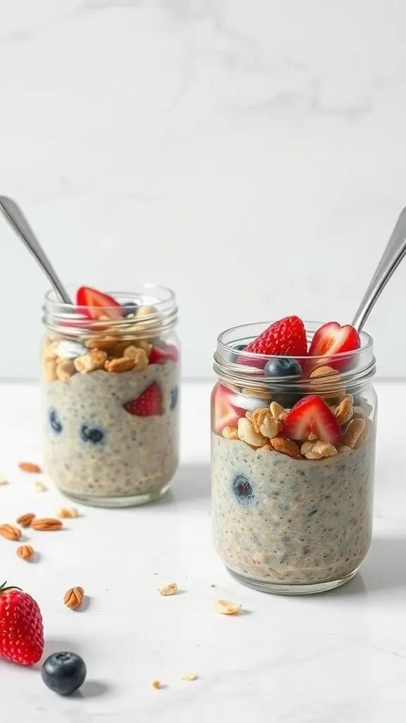 Vegan Overnight Chia and Oatmeal Cups with fresh fruit on top