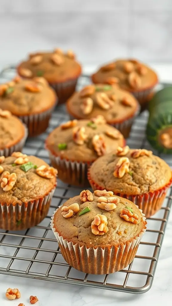 Vegan protein muffins with zucchini and walnuts on a cooling rack.