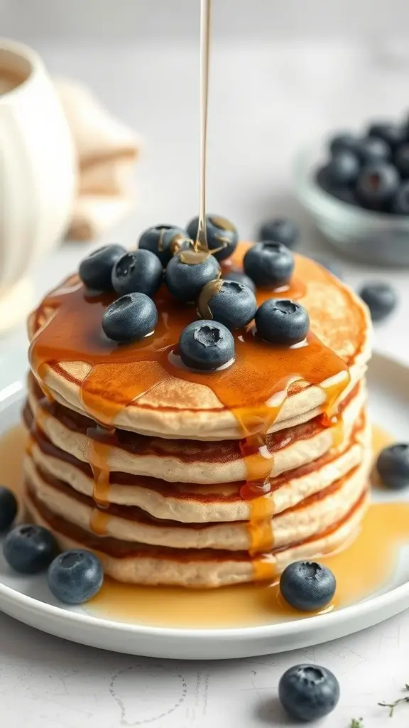 Fluffy vegan protein pancakes topped with blueberries and maple syrup.