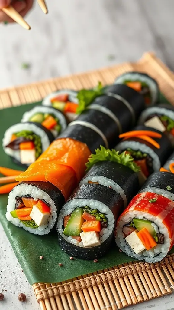 Vegan sushi rolls with tofu and vegetables on a bamboo mat.