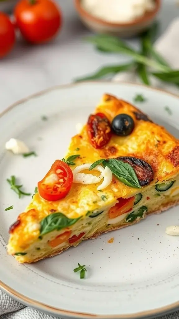 A slice of vegetable and cheese frittata on a plate, garnished with fresh herbs.