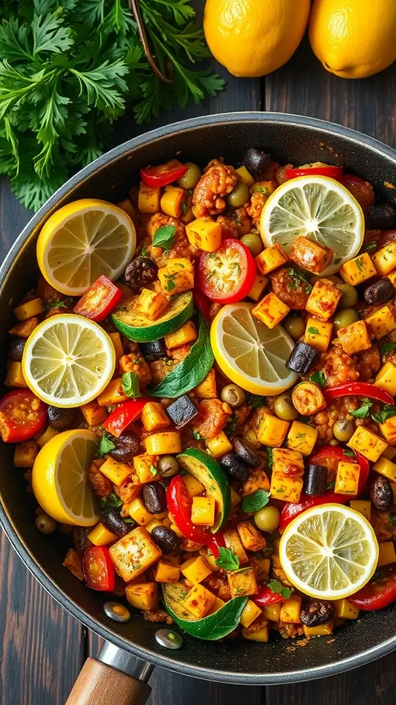 A vibrant and colorful vegetable paella garnished with lemon slices.