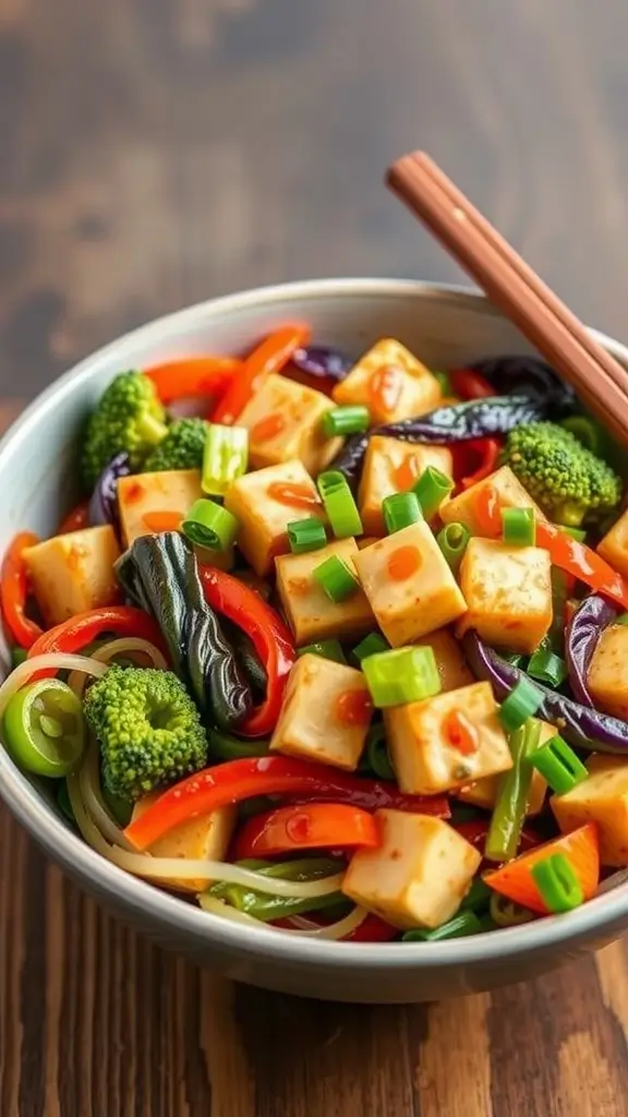 A colorful bowl of vegetable stir-fry with tofu and green onions.