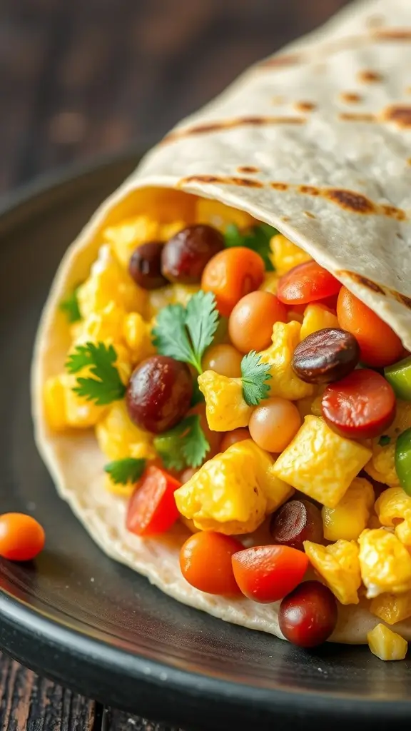 A veggie-loaded breakfast burrito filled with scrambled eggs, beans, and colorful vegetables.