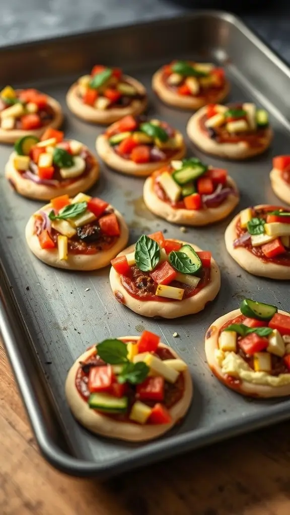 A tray of mini veggie pizza bites topped with colorful vegetables.