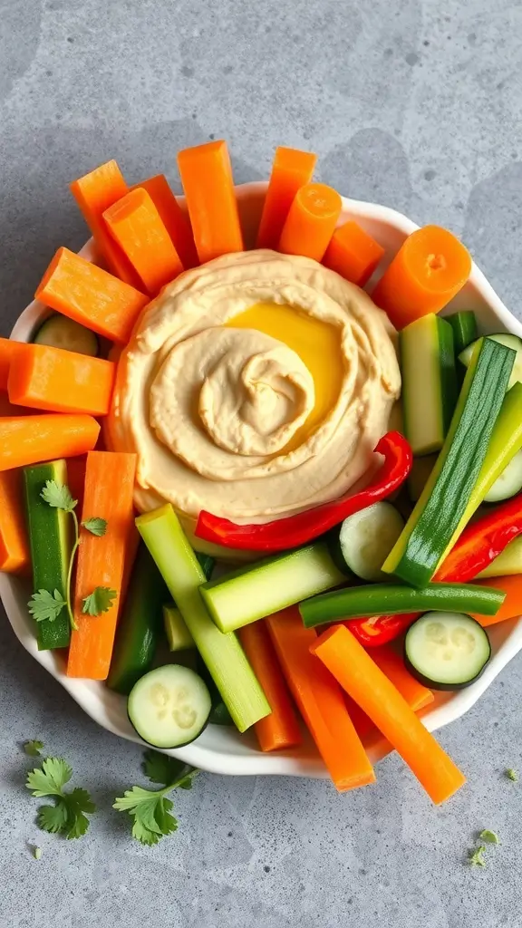 A colorful platter of fresh veggie sticks including carrots, cucumbers, bell peppers, and zucchini, served with a creamy hummus dip in the center.