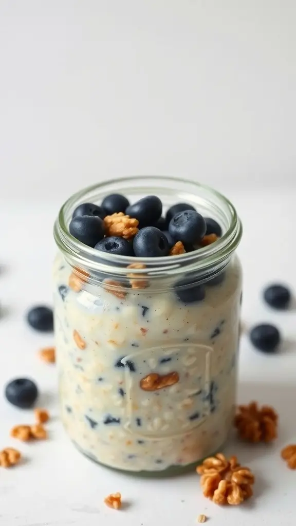 A jar of walnut and blueberry overnight oats topped with fresh blueberries and walnuts
