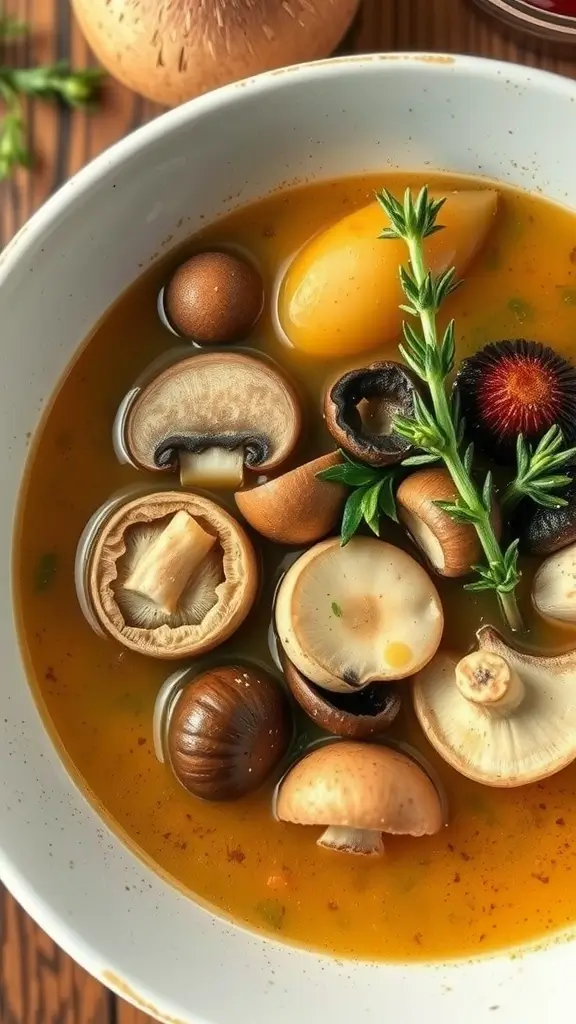 A bowl of wild mushroom and thyme soup with various mushrooms and herbs.