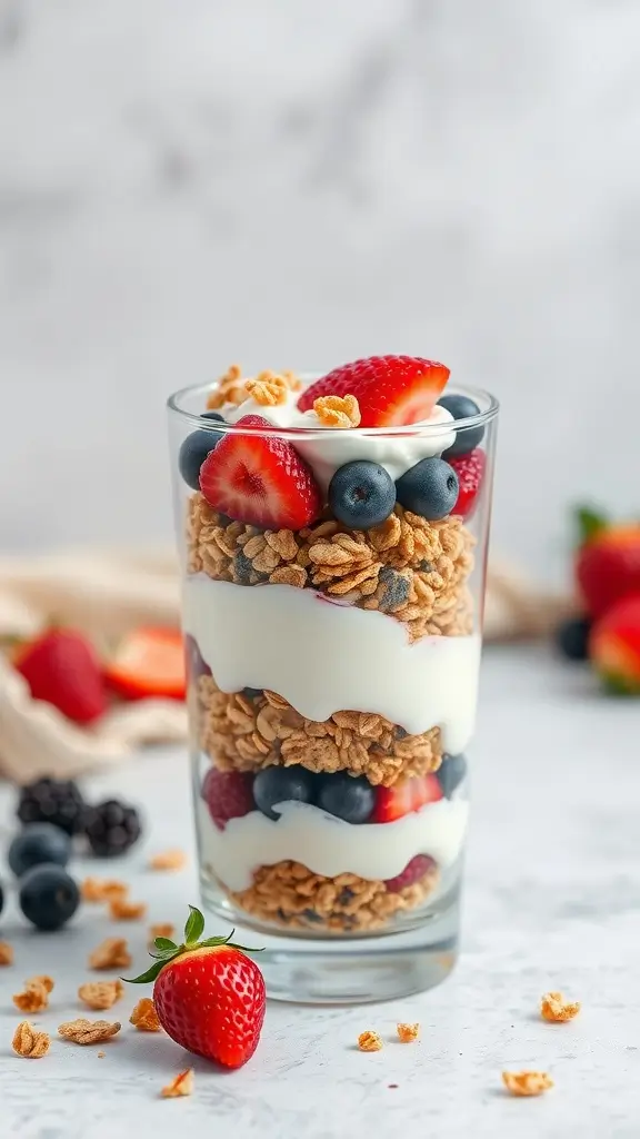 A delicious yogurt parfait with layers of yogurt, berries, and granola in a glass.