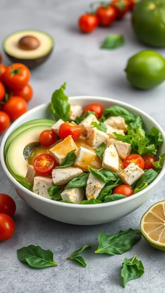 A colorful bowl of zesty lime chicken salad with diced chicken, cherry tomatoes, and avocado.