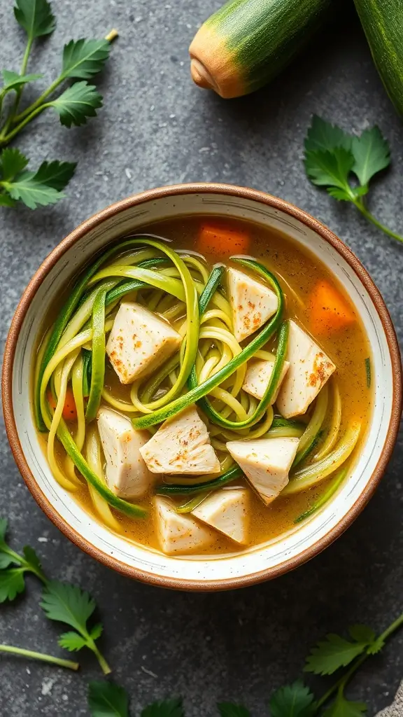A bowl of zucchini noodle chicken soup with chunks of chicken and vibrant vegetables.