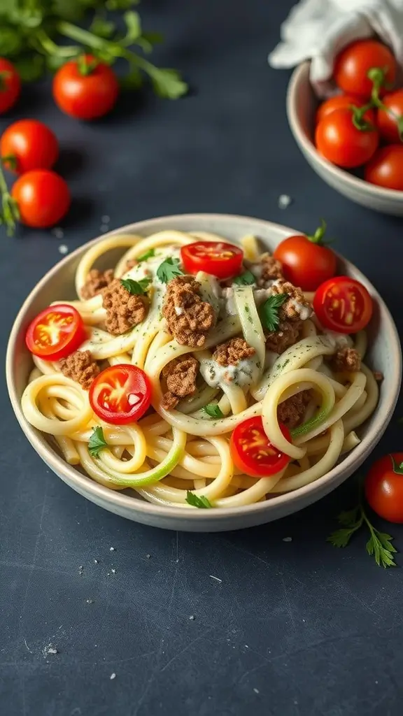 Zucchini noodles topped with creamy beef Alfredo sauce and fresh cherry tomatoes.