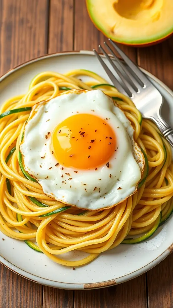 A bowl of zucchini noodles topped with a fried egg
