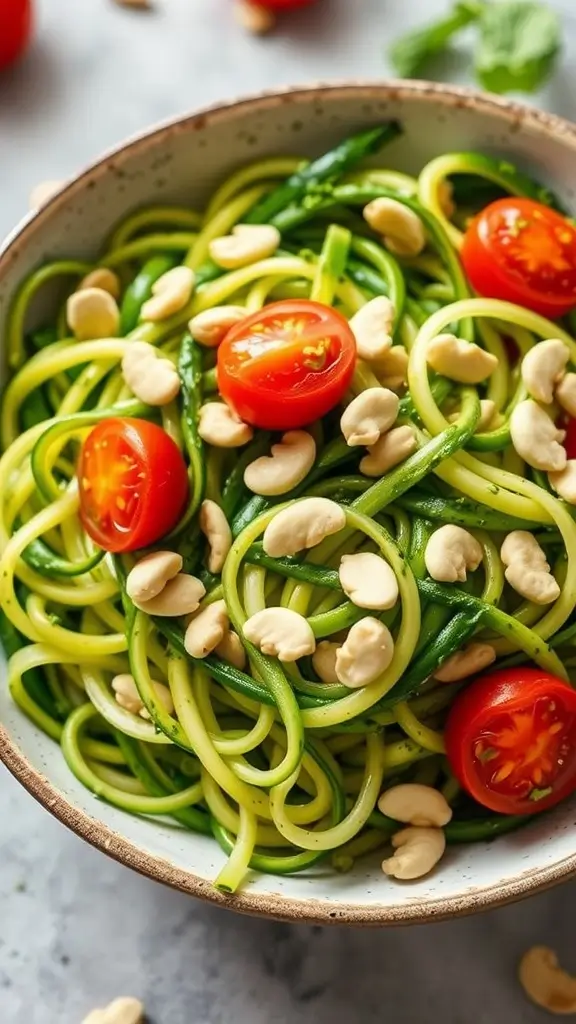 A bowl of zucchini noodles topped with pesto, cherry tomatoes, and nuts.