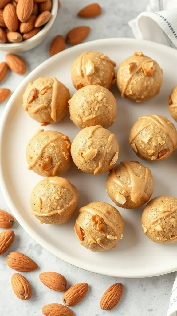 A plate of almond butter energy bites with chopped almonds and drizzled almond butter on top.
