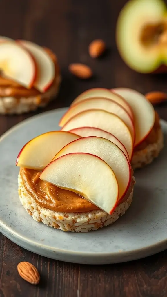 Almond butter rice cakes topped with sliced apples