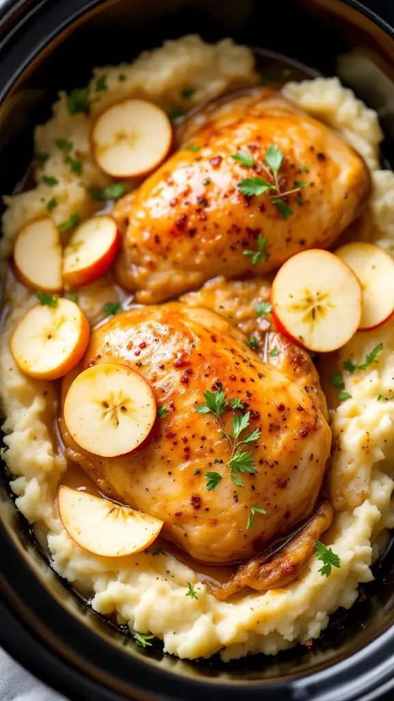 Delicious slow-cooked apple cider chicken served on a bed of mashed potatoes with apple slices.
