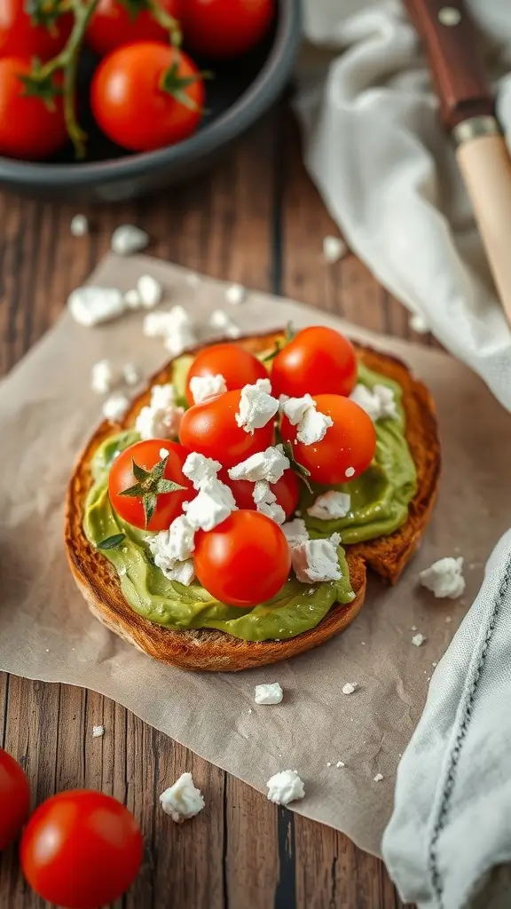 A delicious avocado toast topped with cherry tomatoes and feta, garnished with fresh basil.