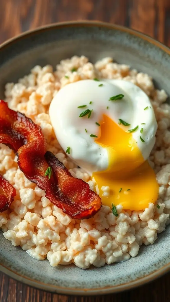 A bowl of cottage cheese oatmeal topped with a poached egg and garnished with herbs.