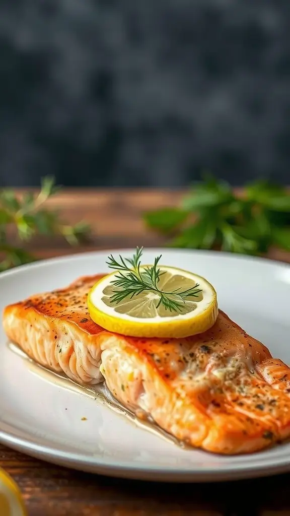 Baked salmon fillet topped with dill and lemon