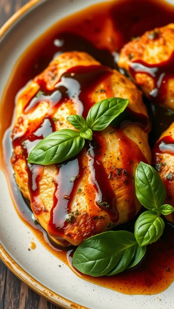 Balsamic glazed chicken breast garnished with basil