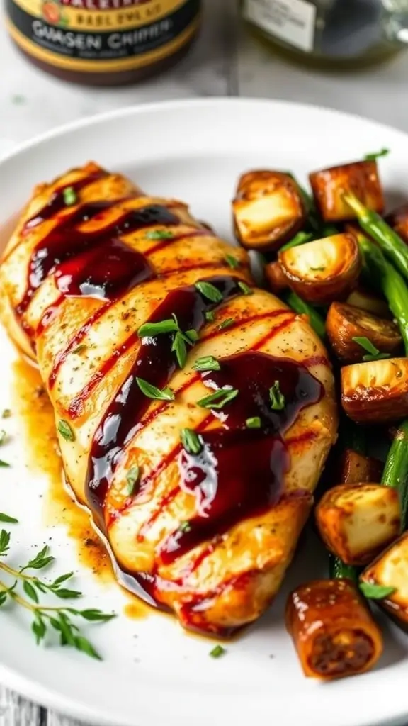 Balsamic Glazed Chicken served with roasted Brussels sprouts, carrots, and green beans on a plate.