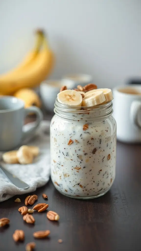 A jar of Banana Nut Overnight Oats topped with banana slices and walnuts.