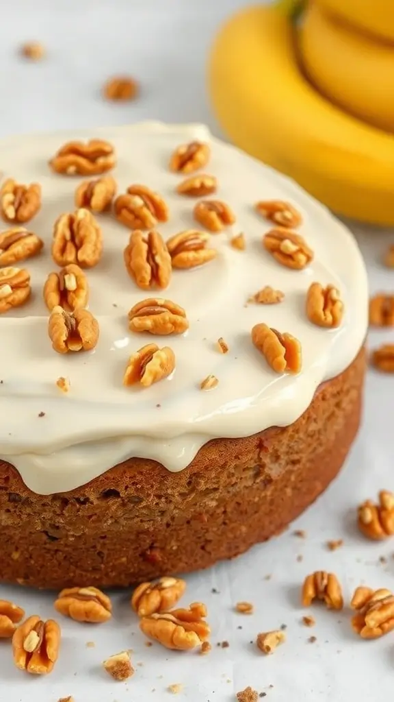 A delicious banana walnut cake topped with cream cheese frosting and walnut pieces.