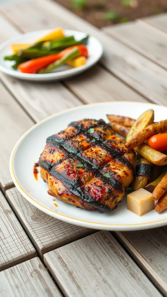 Plate of BBQ chicken with grilled vegetables and cherry tomatoes.