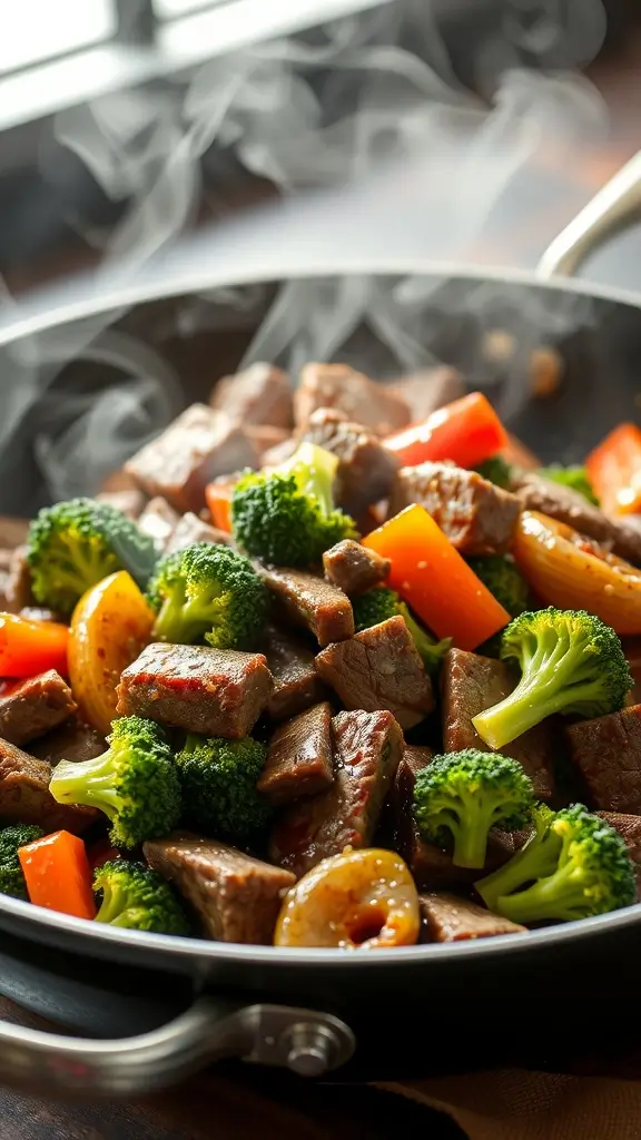 A flavorful Beef and Broccoli Stir-Fry featuring tender beef, vibrant broccoli, and colorful bell peppers in a savory sauce.