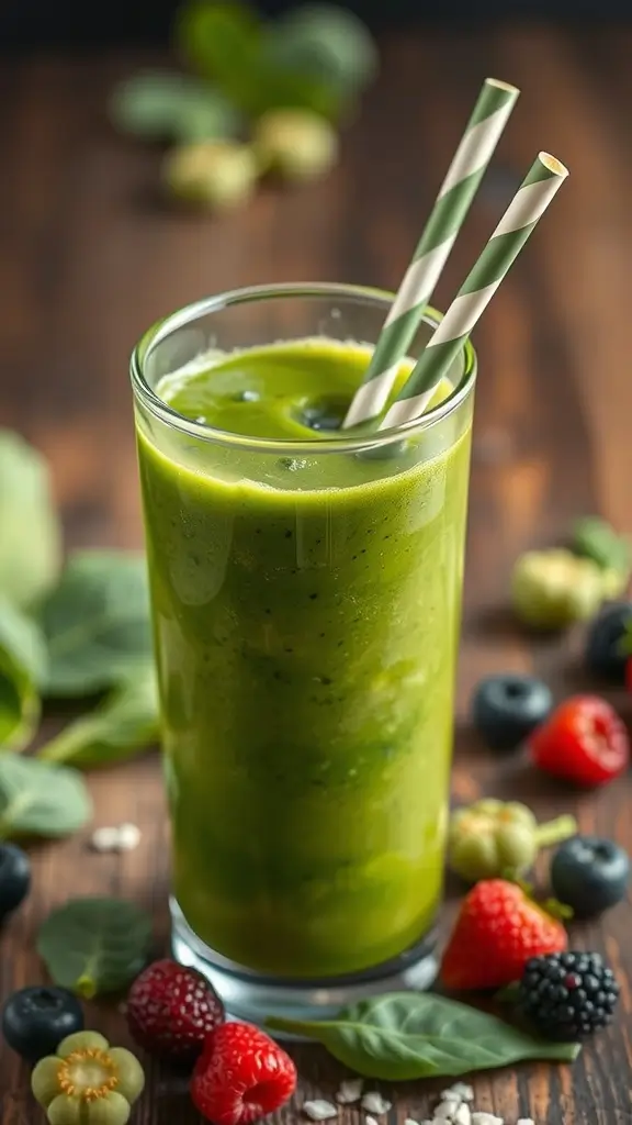 A refreshing berry and spinach smoothie in a glass with straws