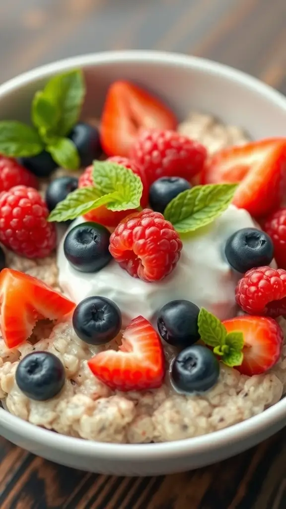 A bowl of Berry Bliss Cottage Cheese Oatmeal topped with fresh strawberries, blueberries, raspberries, and mint leaves - 22 cottage cheese oatmeal recipes