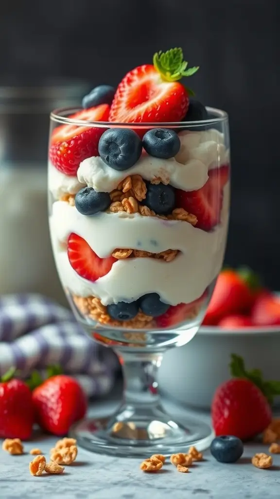 A delicious Berry Cottage Cheese Parfait served in a glass, showcasing layers of cottage cheese, strawberries, blueberries, and granola.