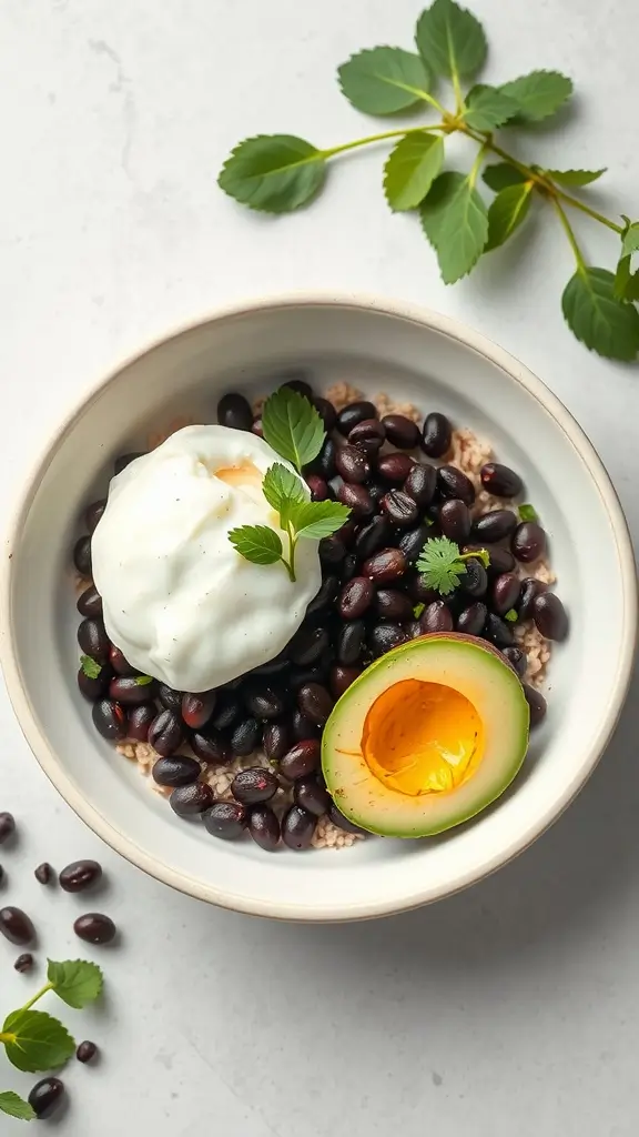 Black Bean and Avocado Breakfast Bowl with a poached egg and garnished with fresh herbs.