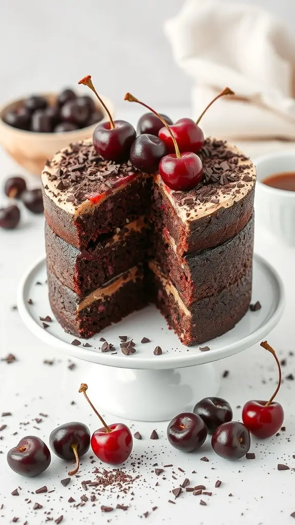 A delicious Black Cherry Layer Cake with chocolate shavings and fresh cherries on top.