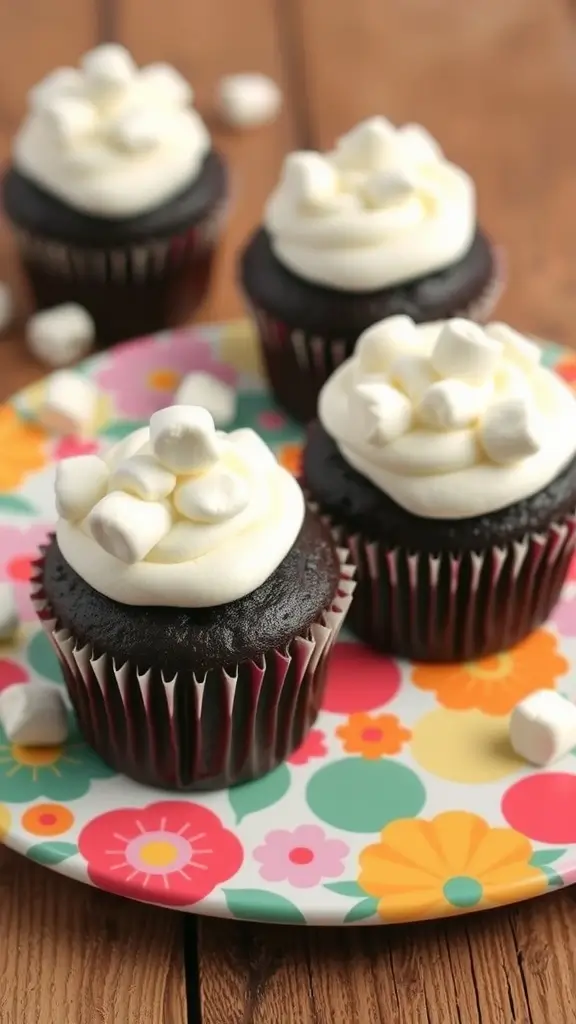 Delicious black cocoa cupcakes with fluffy marshmallow frosting topped with mini marshmallows, served on a colorful plate.