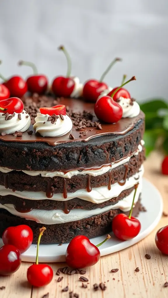 Delicious Black Forest Cake layered with cherries and cream.