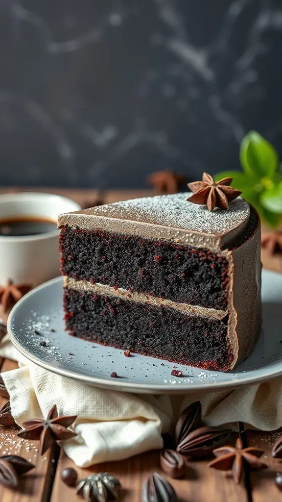 Black Licorice and Anise Cake topped with chocolate and licorice decorations.