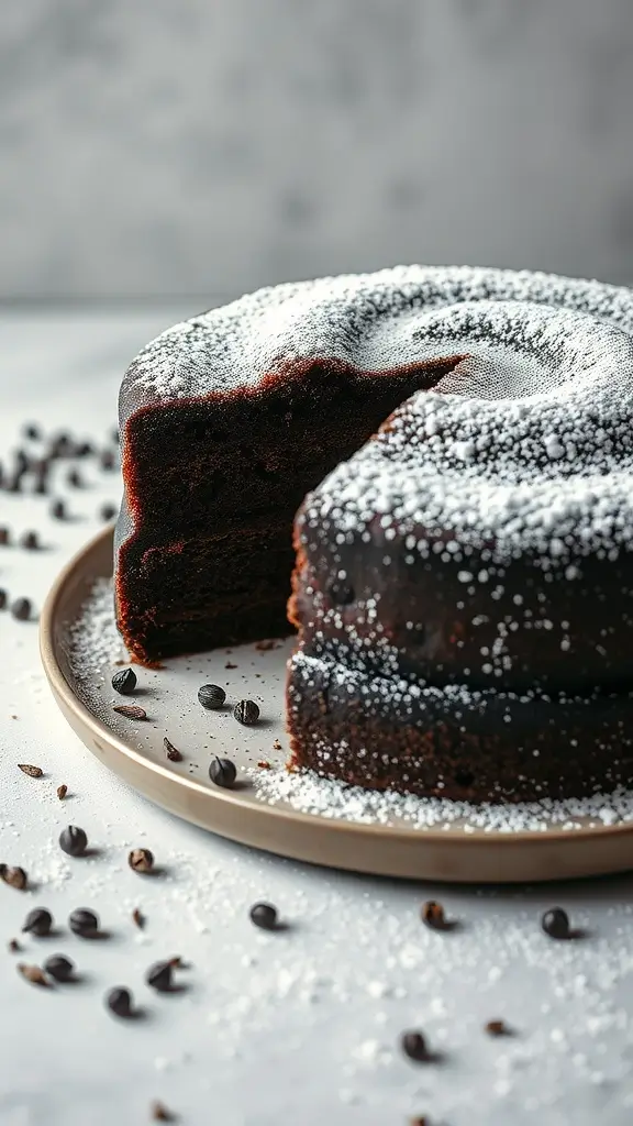 A rich black pepper chocolate cake with a smooth finish and a dusting of powdered sugar