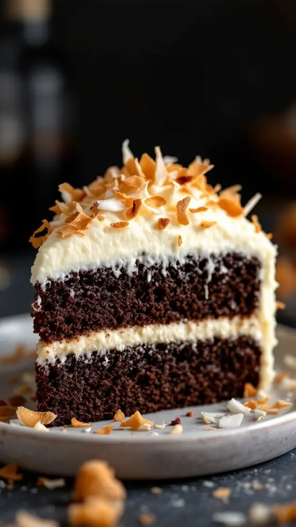 A delicious black rum cake topped with coconut frosting and decorative coconut flakes.