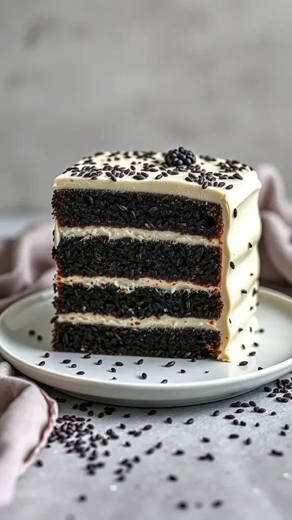 A slice of black sesame layer cake on a plate, showcasing rich layers and frosting.