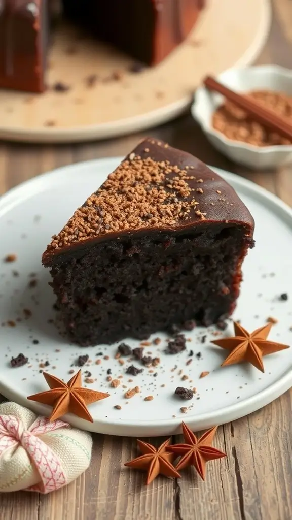 A beautifully decorated black sugar and spice cake with seasonal accents.