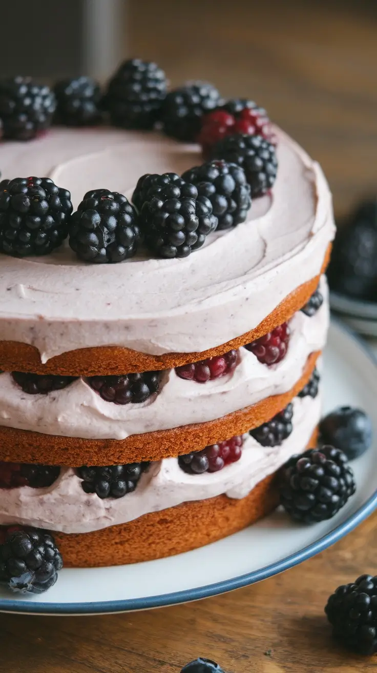 A beautifully decorated blackberry buttercream cake with fresh blackberries on top.