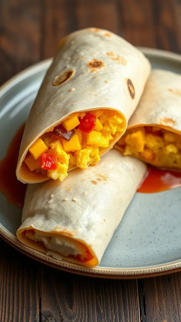 Delicious breakfast burritos filled with scrambled eggs, diced bell peppers, and tomatoes on a plate.