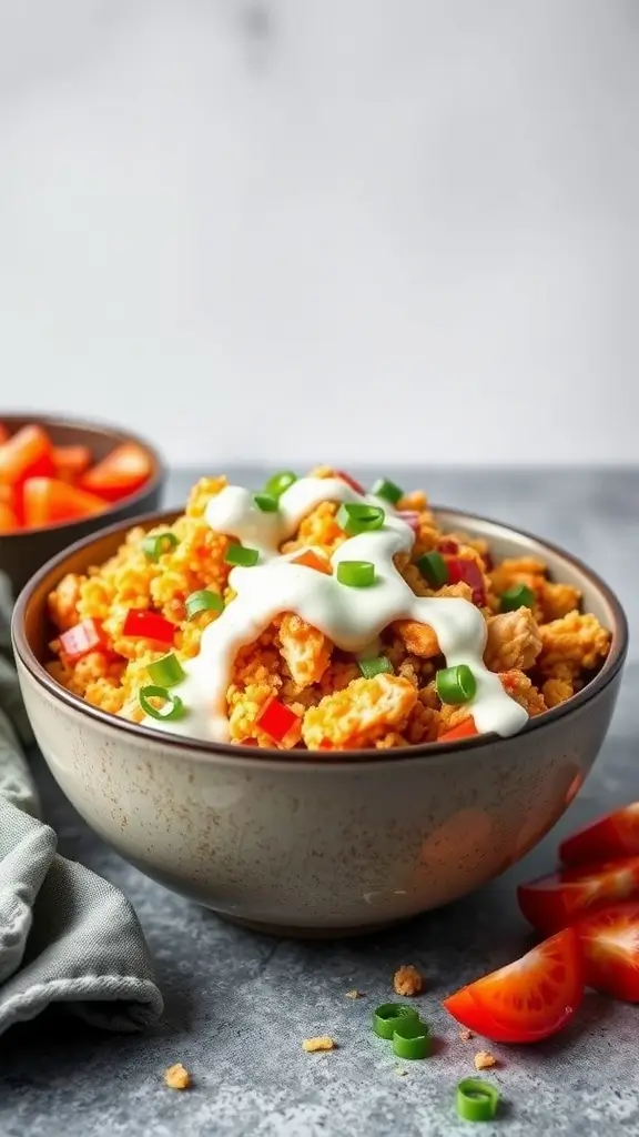 A bowl of buffalo chicken and quinoa salad topped with creamy sauce and green onions.