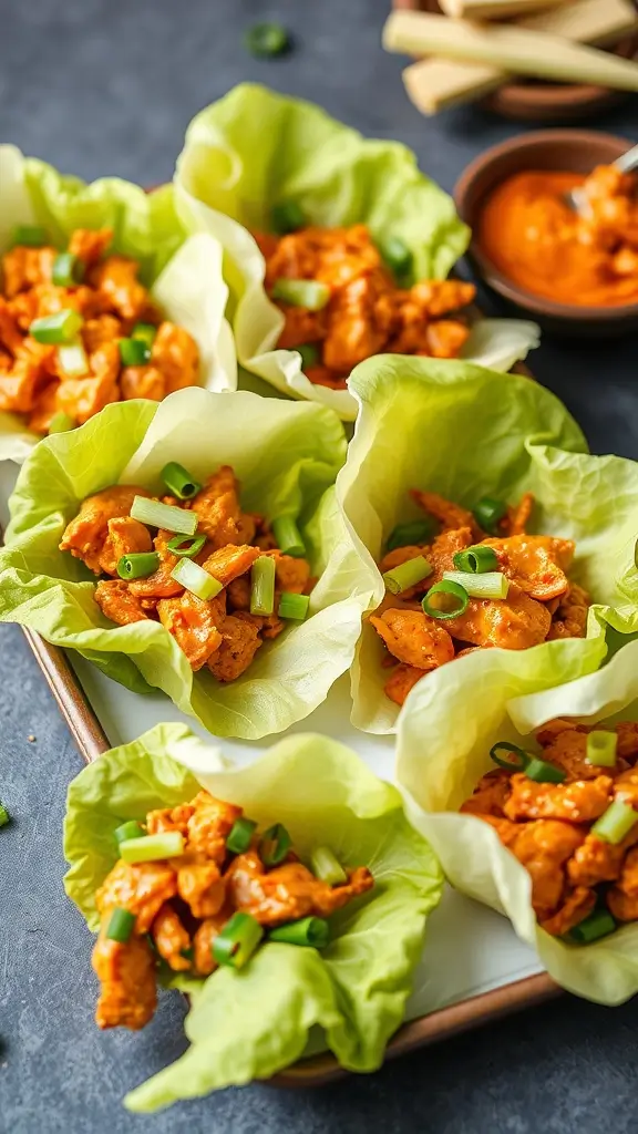Delicious buffalo chicken lettuce wraps filled with shredded chicken, topped with green onions.