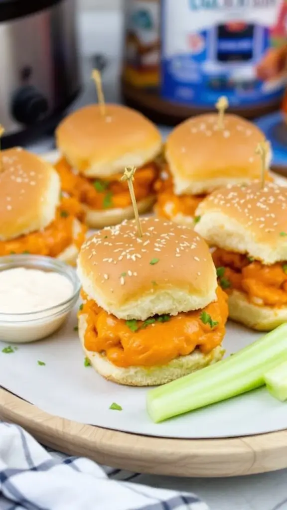 Buffalo chicken sliders with dipping sauce and celery sticks in a slow cooker.