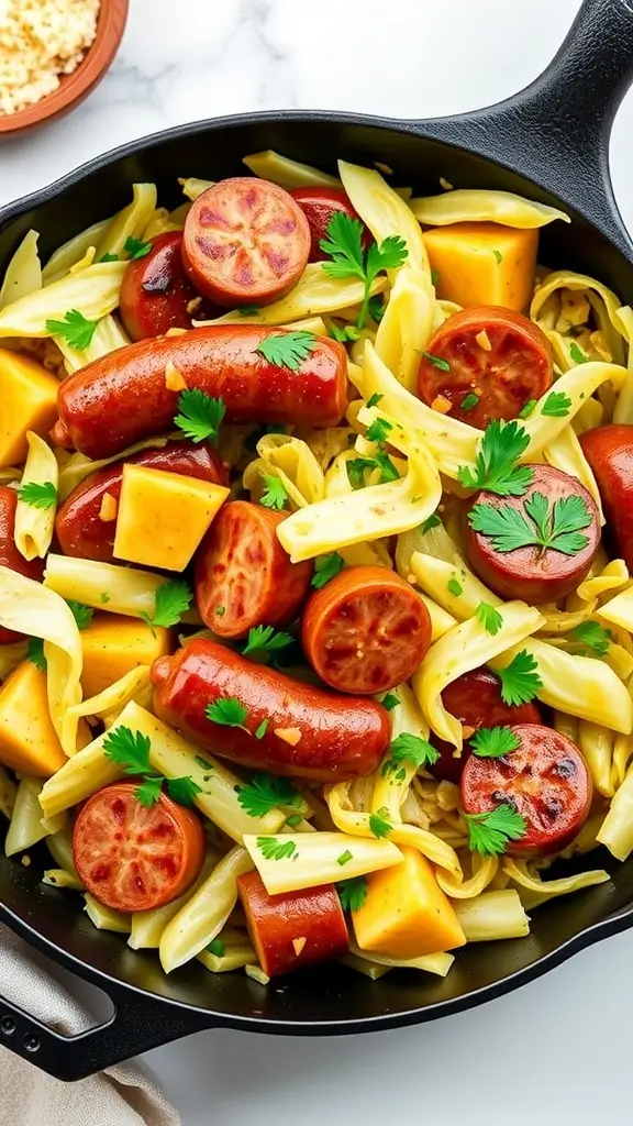 A skillet filled with cabbage and sausage, garnished with parsley.